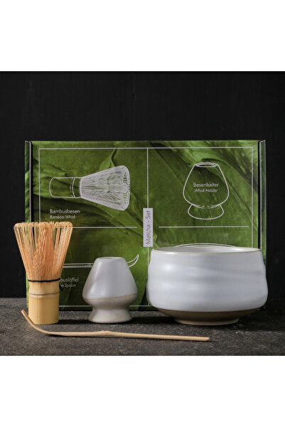 COOYA 4-Piece Tea Set with Ceramic Bowl,Spoon,Prong Bamboo Whisk,and Whisk Holder,White