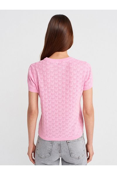 Dilvin 10760 Crew Neck Patterned Knitwear Blouse-Pink