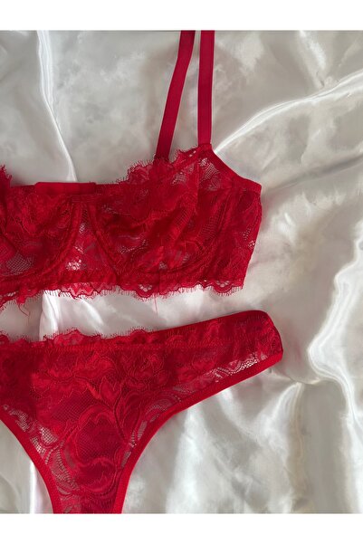 miel lingerie Kırmızı Dantel Bralet Külot Takımı - Cesur ve Tutkulu Tasarım Sütyen Tanga