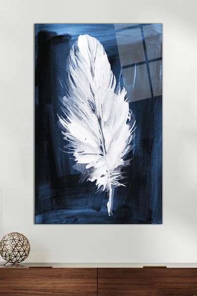 Vosevu Pictură pe sticlă verticală cu pene cu fundal albastru, decor modern pentru birou, decorare de perete cadou, sticlă rezistentă la spargere