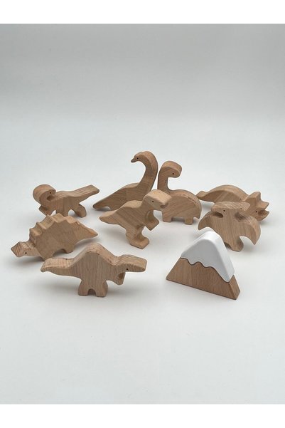 zoziva Natural Wooden Dinosaur Set, Organic Wood Toy, 10 Piece Wooden Animal Set