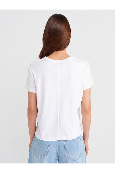 Dilvin 31757 Crew Neck Stitching Detailed T-Shirt-White