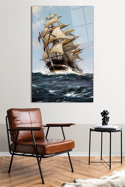 Vosevu Navă cu vele în valuri Pictură verticală pe sticlă, decor modern pentru birou, decorare de perete cadou