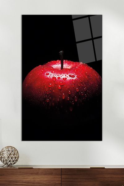 Vosevu Red Glossy Apple Vertical Glass Painting, Modern Home Office Decor, Gift Wall Decoration Unbreakable Glass