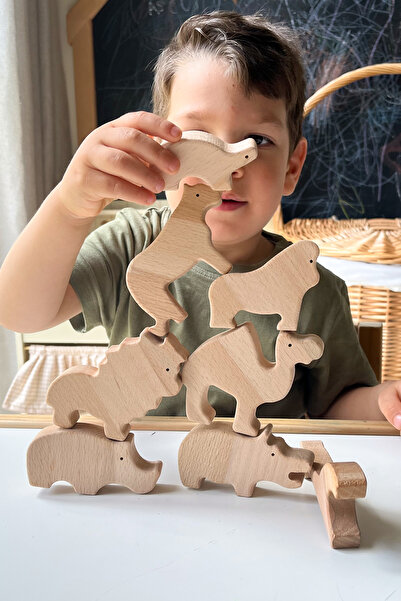 zoziva Doğal Ahşap Hayvanat Bahçesi Seti, Organik Ahşap Oyuncak, 10 Parça Ahş...