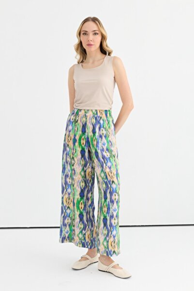 Selen Giyim Beli Lastikli Soyut Desen Bol Paça Pantolon
