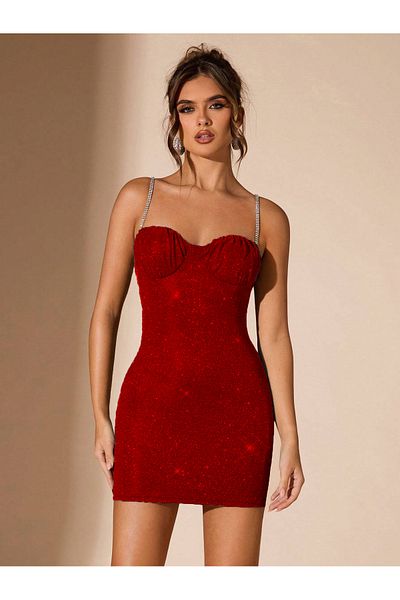 randevu Shiny Leather Look Stone Strap Red Dress