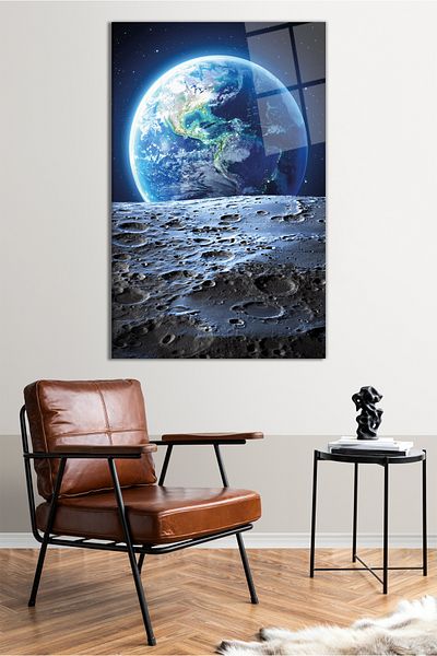 Vosevu Vedere de la Lună Pictură verticală pe sticlă, Decor modern pentru birou pentru acasă, Cadou, Decorare de perete, Sticlă irezistibilă