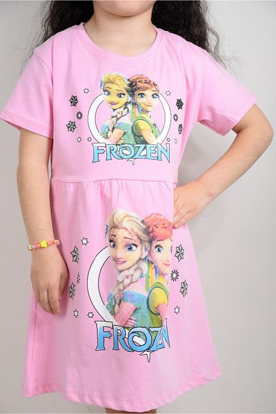 KİDSPİTİRCİK Girl's Pink Frozen Elsa Printed Combed Cotton Dress (100% Cotton)