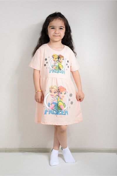 KİDSPİTİRCİK Girl's Powder Frozen Elsa Printed Combed Cotton Dress (100% Cotton)