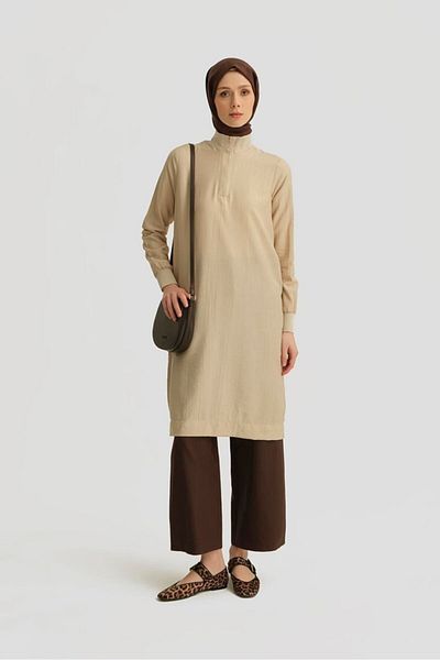 Armine Trend New Season Half Zippered Tunik with Ribbed Sleeves and Collar Modaayka