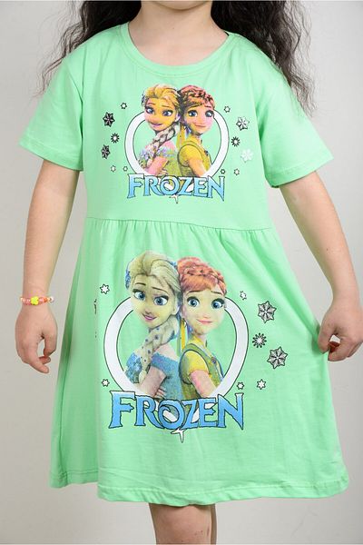 KİDSPİTİRCİK Girl's Green Frozen Elsa Printed Combed Cotton Dress (100% Cotton)