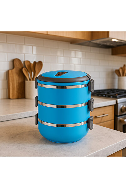 Veliday 3 Katlı Sızdırmaz Yemek Termosu Sefer Tası Saklama Kabı Mavi 1,8 Litre
