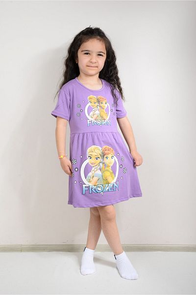 KİDSPİTİRCİK Girl Lila Frozen Elsa Printed Combed Cotton Dress (100% Cotton)
