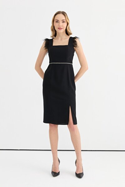 Selen Giyim Kolu Otrişli Belden Taşlı Elbise