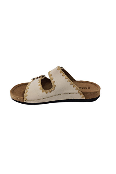 BENTO 41001 Beige Double Buckle Leather Women's Slippers