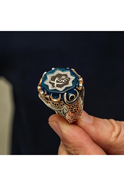 ALYANSEVİM Zülfikar Ali Yazılı Mavi Taşlı 925 Gümüş Yüzük