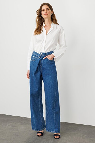 pieces of melon Mavi Önden Çapraz Düğme Detaylı Yüksek Bel Wide Leg Jean
