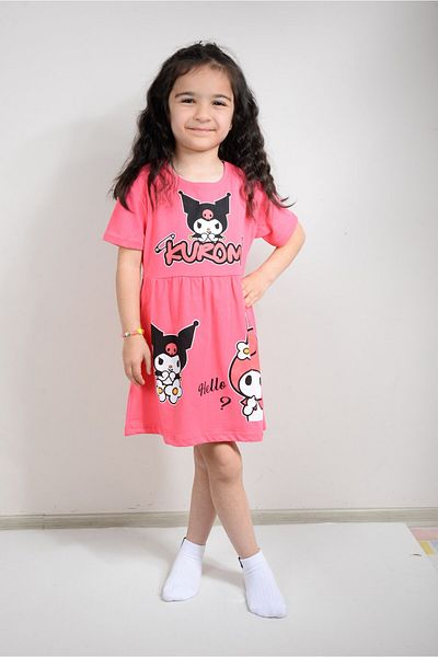 KİDSPİTİRCİK Girl's Fuchia Kuromi Printed Combed Cotton Dress (100% Cotton)