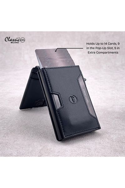 Classic Milano RFID Blocking Leather Card Holder for Men with Pop-Up Slot, ID Window & Magnetic Closure.