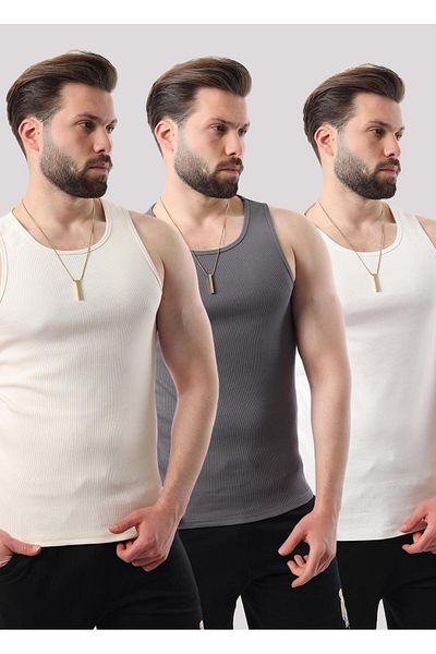 Miron White Beige Smoked Men's Ribbed Triple Pack Cotton Lycra & Undershirt - 2517