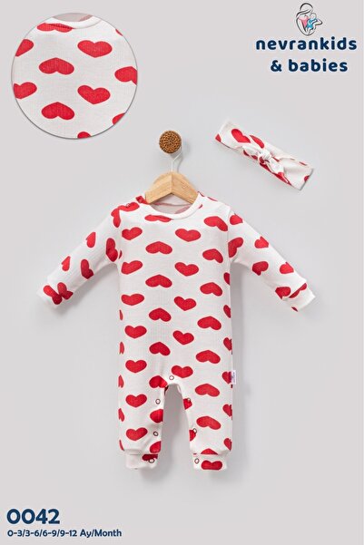 nevrankids Baby Girl Big Heart Pattern Bandana Overalls Set Without Booties