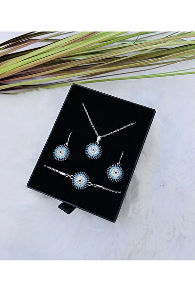 RM Bijuteri Gümüş Renk Zirkon Taşlı Nazar Göz Hediye Seti -Zirkon Set-