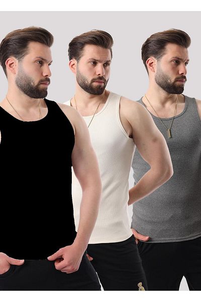 Miron Beige Black Anthracite Men's Ribbed Triple Pack Cotton Lycra & Undershirt - 2517