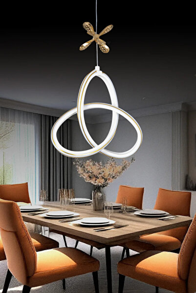 Elektroyou Yonca Beyaz Özel Tasarım Gold Çizgili Gold Kelebek Dekor Detaylı Sarkık Beyaz Ledli Avize