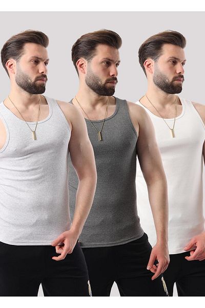 Miron Antacid Gray White Men's Ribbed Triple Pack Cotton Lycra & Undershirt - 2517