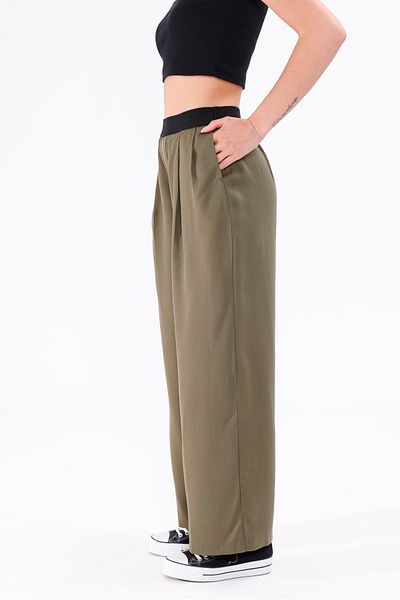 LA PANTE Drapey Wide Leg Khaki Fabric Trousers with Elastic Waist