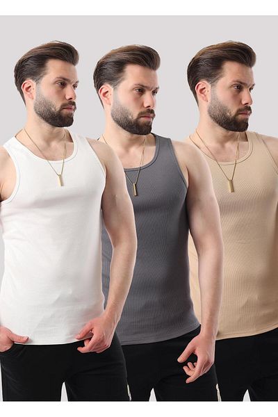 Miron Smoked Camel White Men's Ribbed Triple Pack Cotton Lycra & Undershirt - 2517