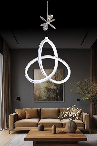 Elektroyou Yonca Beyaz Özel Tasarım Krom Çizgili Krom Kelebek Dekor Detaylı Sarkık Beyaz Ledli Avize