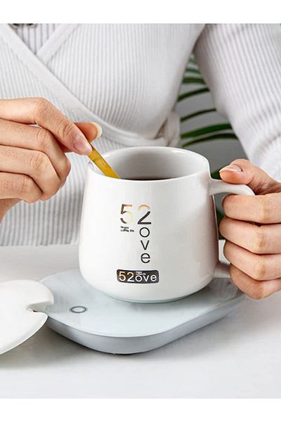 MACON Portable Ceramic Heating Mug with Thermostatic Coaster – Coffee Tea Warmer with Spoon, White
