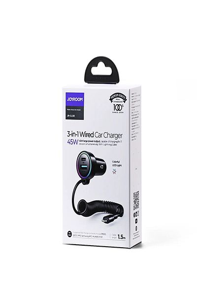 Joyroom 3 In 1 PD Type C USB Interface Car Charger With Lightning Pin Spring Data Cable 45W Black