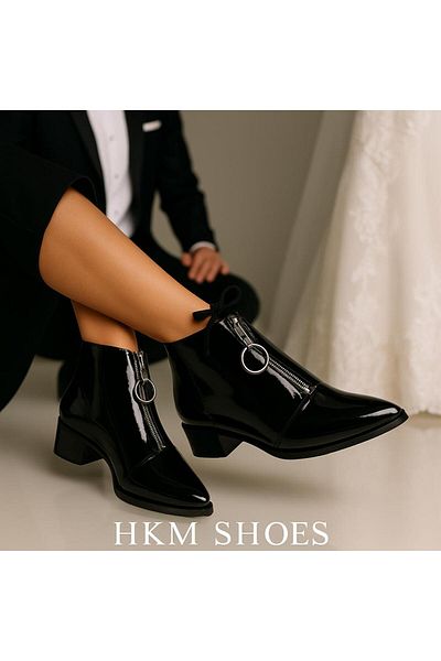 HKM shoes Cu fermoar în față, negru, vârf ascuțit, din piele lăcuită strălucitoare, din piele scurtă, cizme zilnice pentru femei Qadın Qara