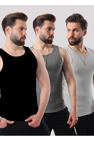 Miron Light Gray Anthracite Black Men's Ribbed Triple Pack Cotton Lycra & Undershirt - 2517