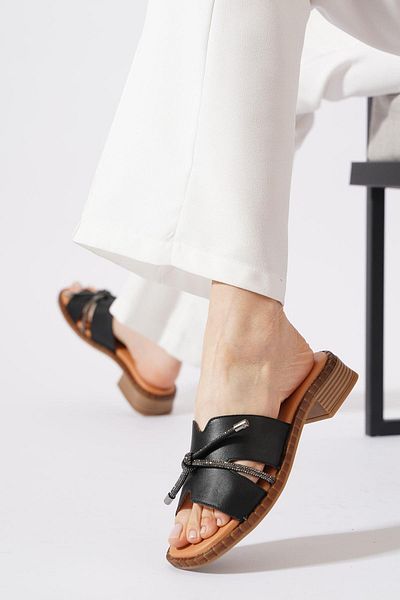 Moda Pie Lescar Knot Stone Genuine Leather Women's Slippers Black Skin