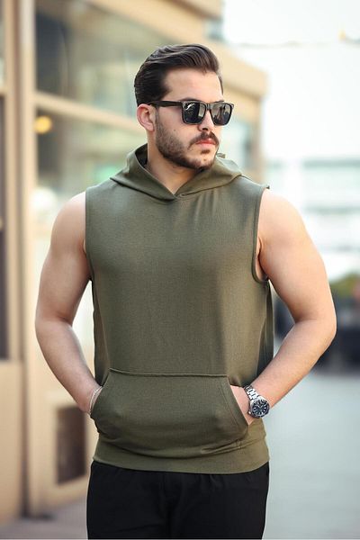 Miron Khaki Basic Hooded Athlete Tank Top Sleeveless T-Shirt - 2504