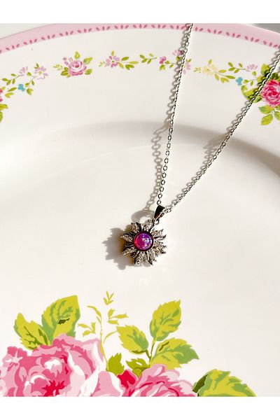 Reorah Collection Rapunzel Sun Fidget Steel Necklace-Spinning Sun Necklace Steel with Purple Stone