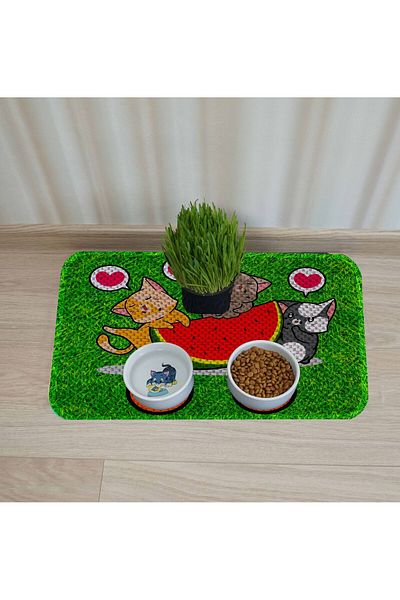 AKTUNÇ Cat Dog Food and Water Bowl - With Underpads and Scratching Features