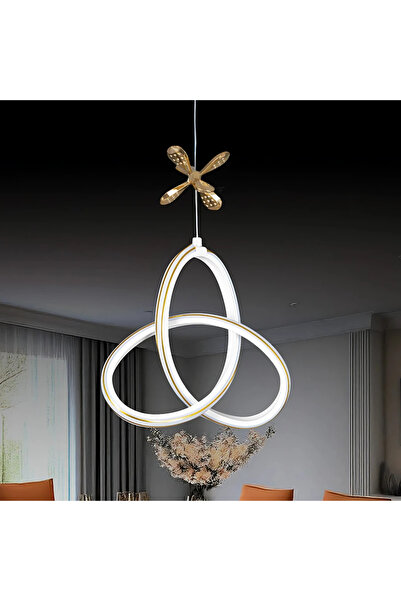 Elektroyou Yonca Beyaz Özel Tasarım Gold Çizgili Gold Kelebek Dekor Detaylı Sarkık Beyaz Ledli Avize