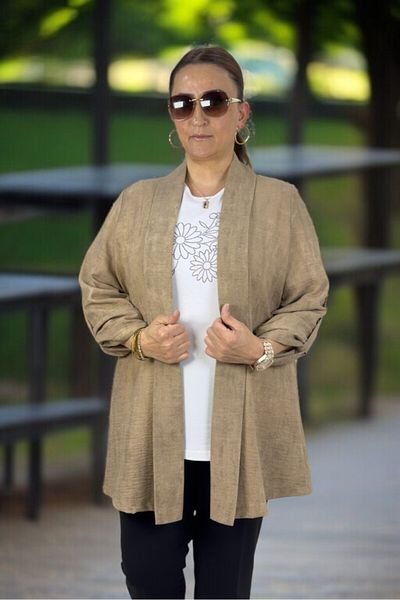 yagmurberen Folding Sleeve Shawl Collar Unlined Flaming Linen Jacket Short Sleeve Stone Cycling Collar Bluz Double Suit