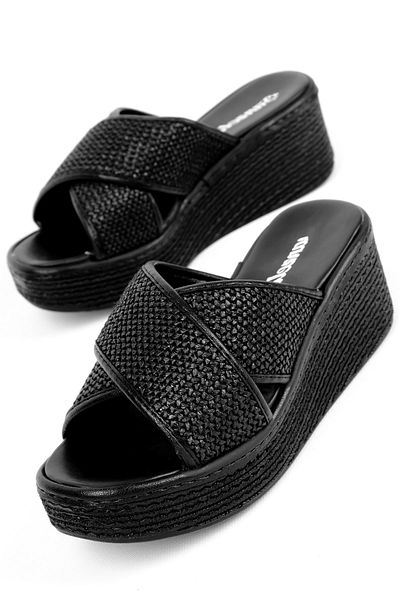 Lal Shoes & Bags Haris Women's Cross Interlaced Straw Wedge Heeled Slippers-Black