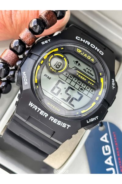 Jaga 45mm Pool Sea Use,Black Silicone Digital Sport Men Wristwatch with Light,Calendar,Stopwatch
