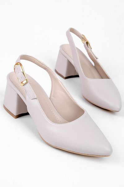 Lal Shoes & Bags Loyalty Women's Pointed Toe Gold Belt Buckle Detailed Heeled Shoes-Cream
