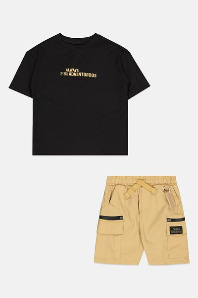 Fudo Kids Boy 2 Pieces Graphic Print T-shirt And Short, Black/tan