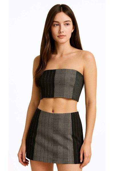 Quzu Line Matchli Pleated Anthracite Suit (Blouse-Mini Skirt)