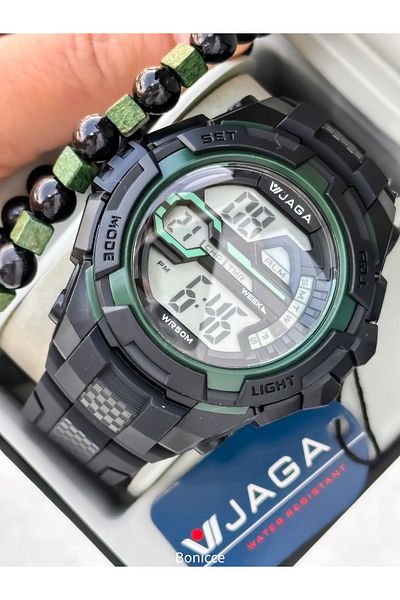 Jaga 50mm Pool Sea Use,With Light,With Calendar,With Stopwatch Black Silicone Digital Sport Men Wrist Watch