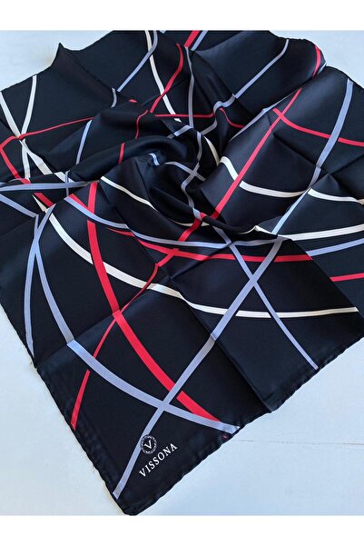 Vissona 100% mătase twill cu model în dungi, culoare negru - roșu, eșarfă 90x...